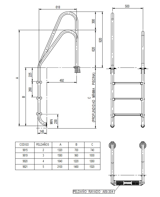 Dimensiones escalera inoxidable estándar asimétrica AISI304