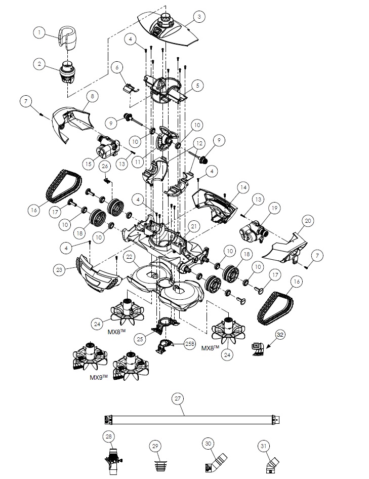 Despiece limpiafondos hidráulico MX8 Zodiac para piscina
