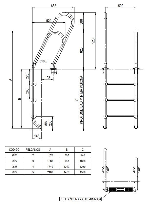 Dimensiones escalera asimétrica modelo Mixto AISI304