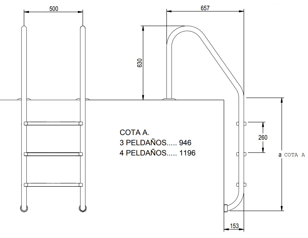 Dimensiones escalera electropulida modelo Estándar acero inox. AISI316