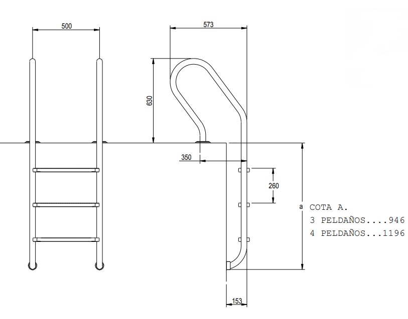 Dimensiones escalera electropulida modelo Mixta AISI316