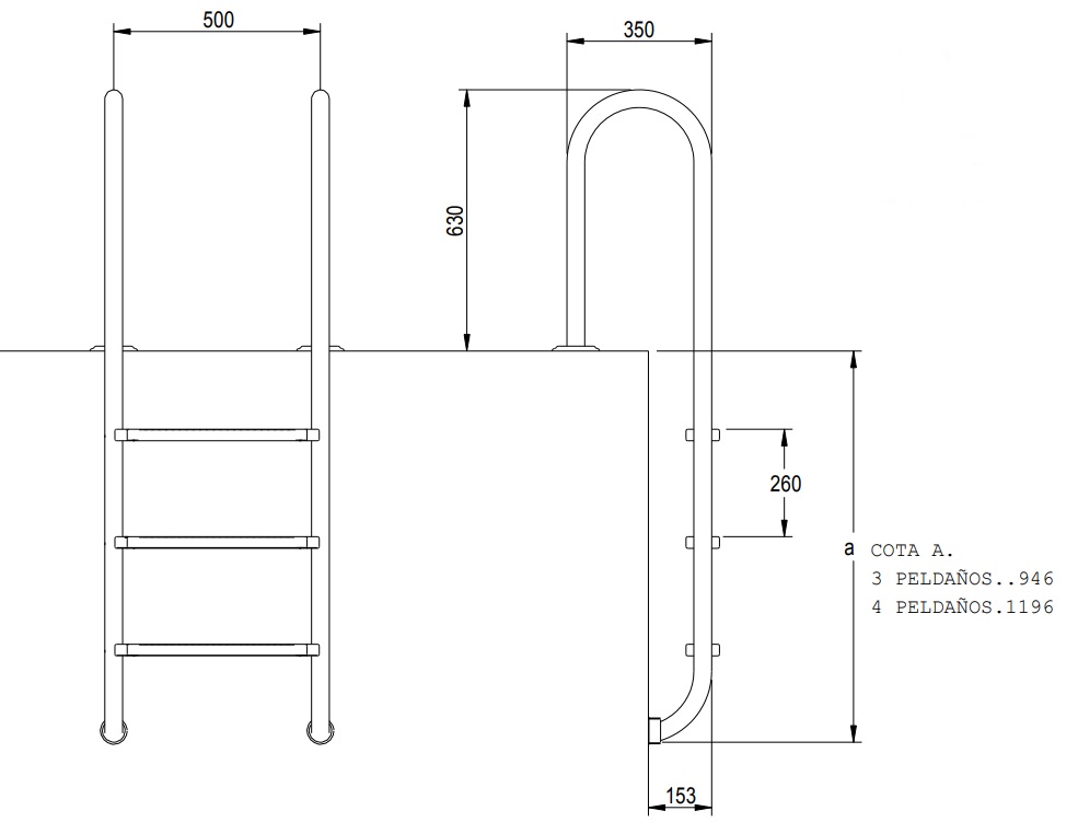 Dimensiones escalera electropulida modelo Muro AISI316