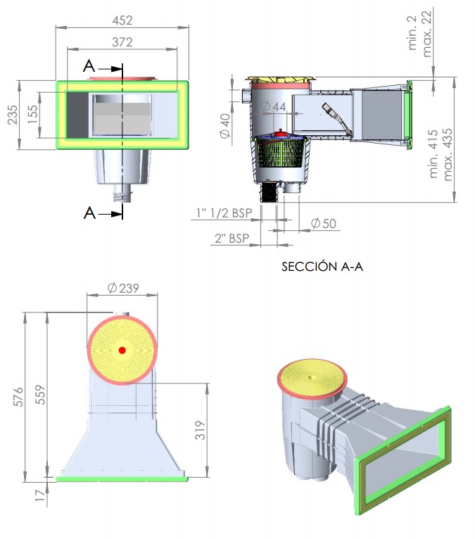 Skimmer boca ampliación piscinas hormigón Dimensiones skimmer boca ampliación