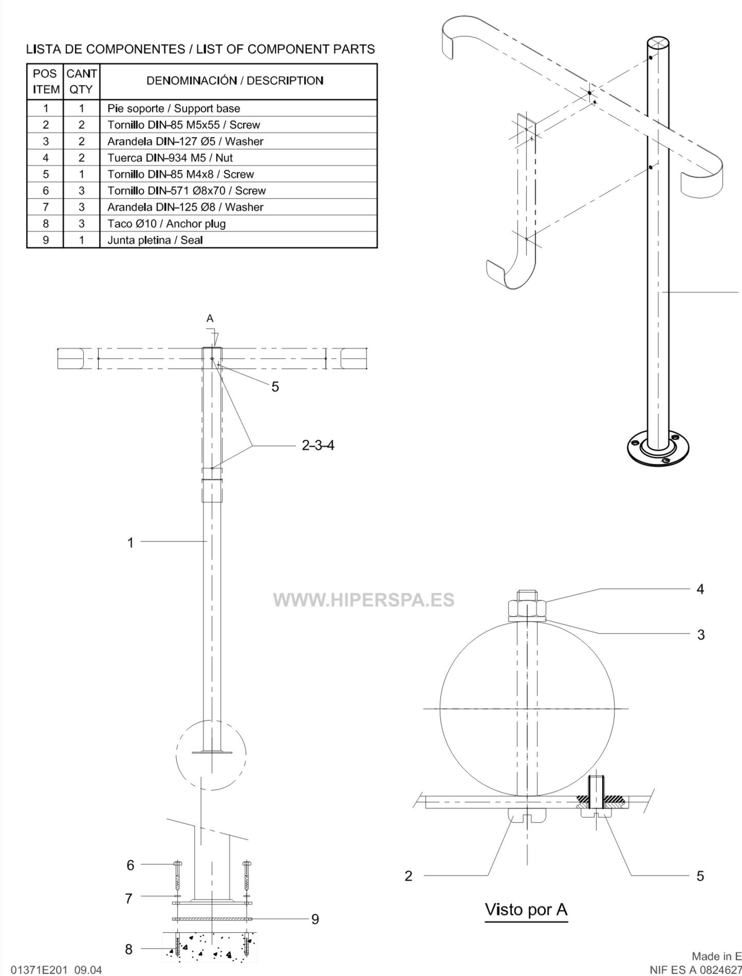 Monteaje pie para soporte aro salvavidas AISI304 ref. 01371