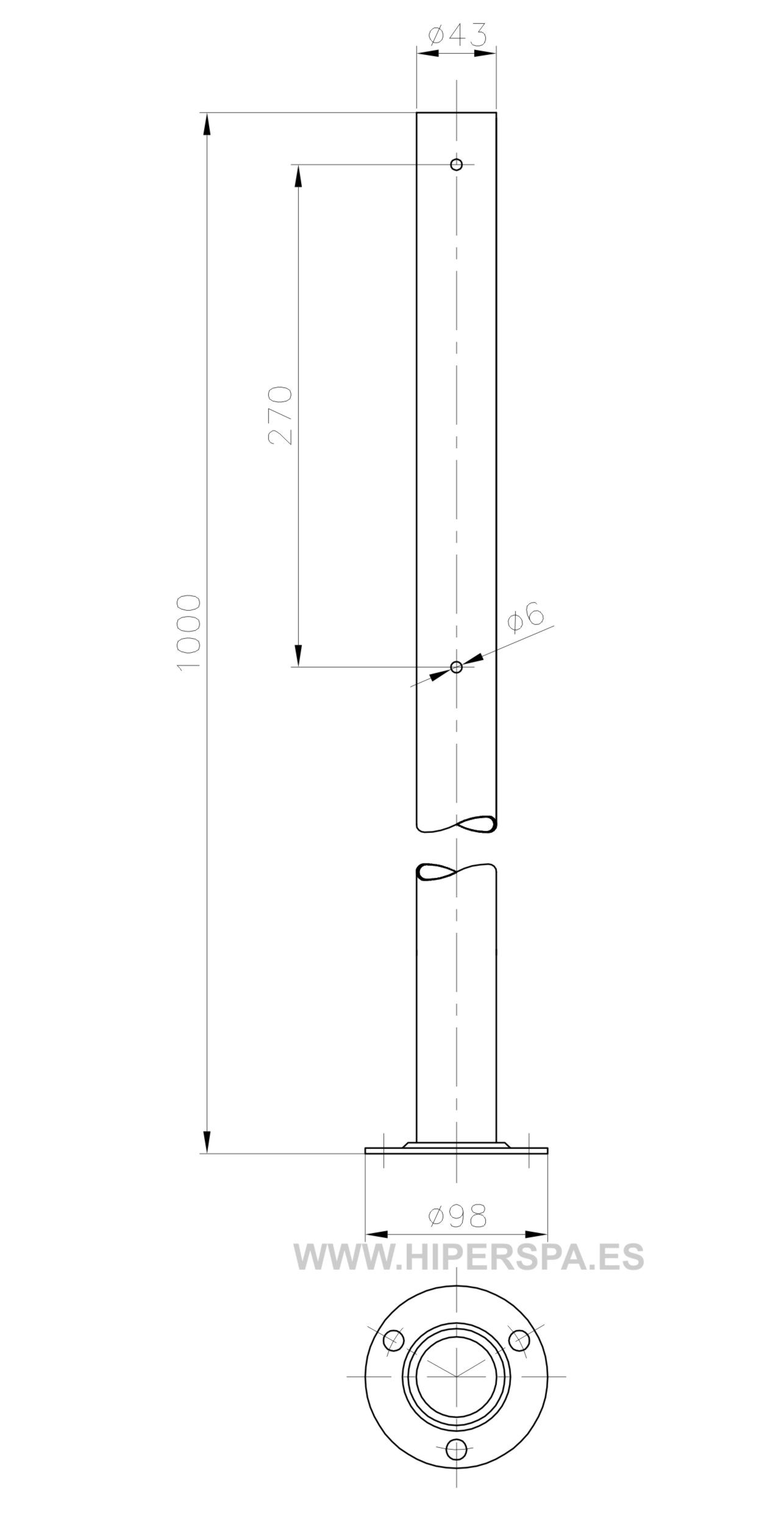 Dimensiones pie para soporte aro salvavidas AISI304 ref. 01371