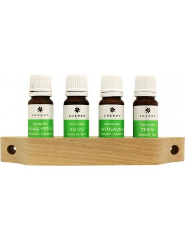 Esencias para sauna Emendo 4 uds x 10 ml en repisa de madera