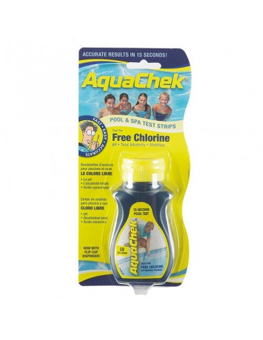 Bote de 50 tiras analíticas AquaChek Amarillo. Medición rápida 4 en 1: Cloro libre, pH, Alcalinidad Total y Ácido Cianúrico.