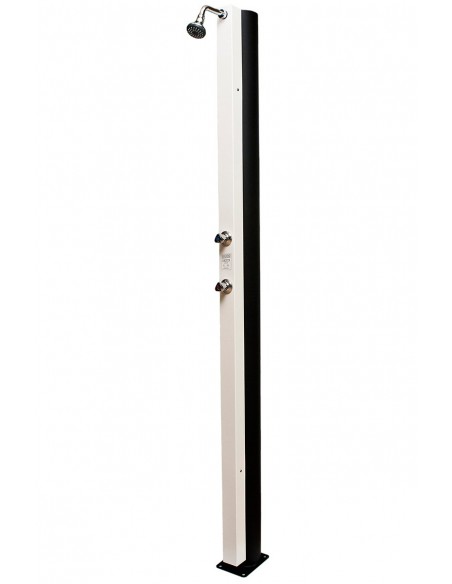 Ducha Solar CRM 30BL con frontal blanco. Detalle de los mandos triangulares y el colector de alta eficiencia de 30 Litros.