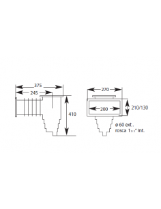 Skimmer modelo 200 con boca estándar. Incluye el kit de juntas y brida especial para piscinas de liner y poliéster. 2