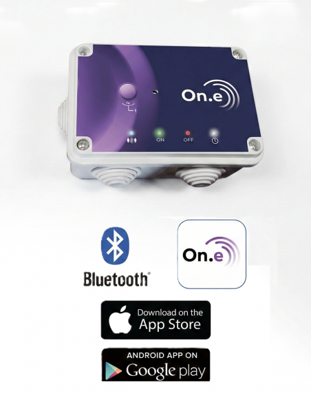 Aplicación móvil On.e compatible con iOS y Android para gestionar los 18 programas de color y la intensidad de los focos.